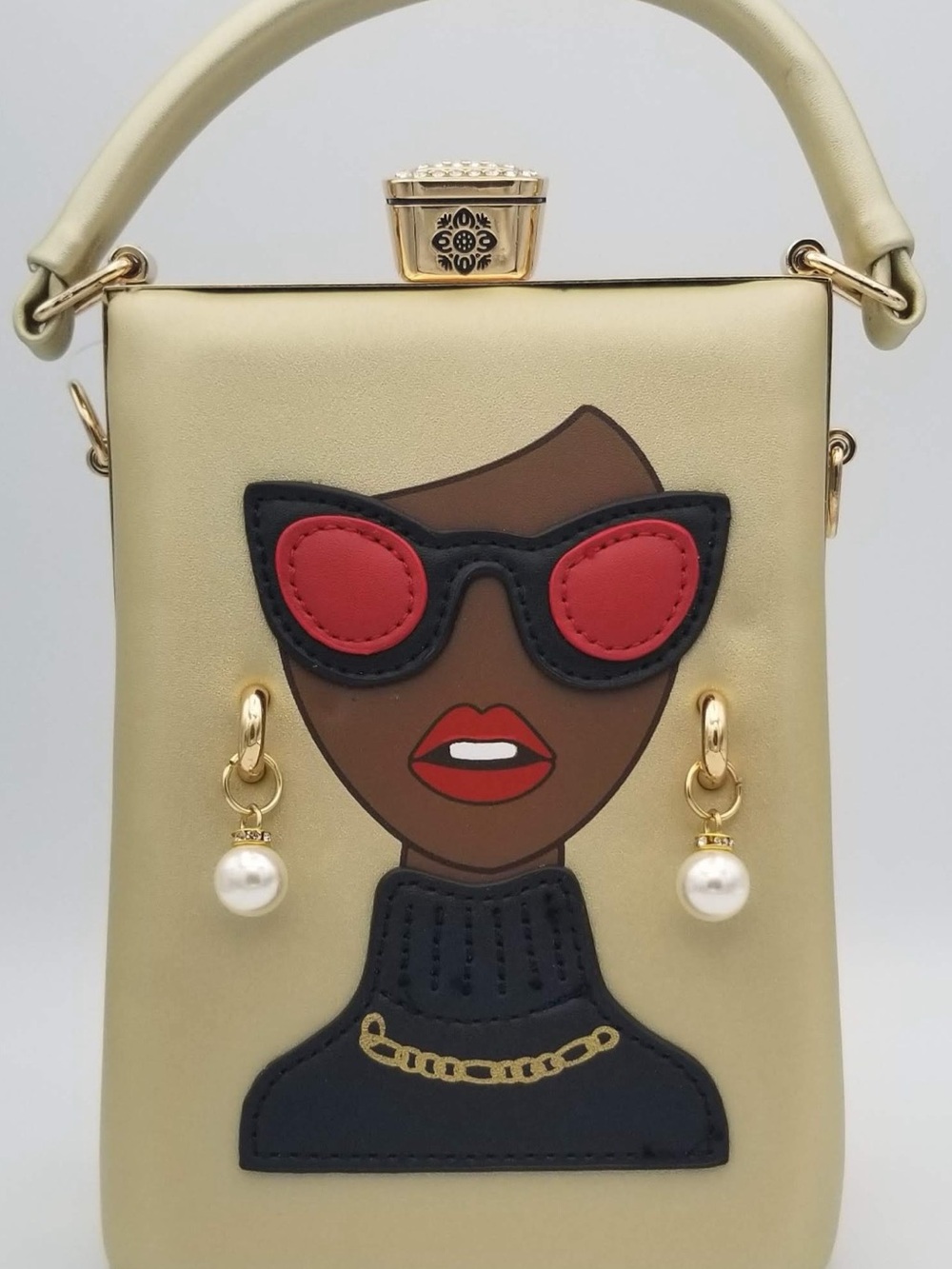Gold Novelty Portrait Mini Top-Handle Bag with Red Accent